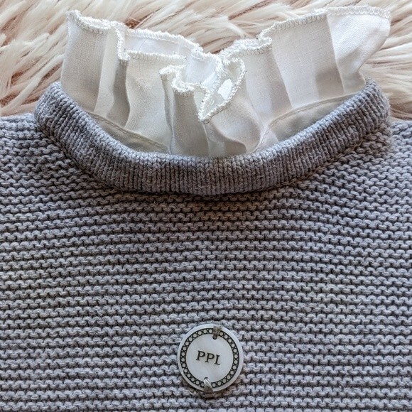 Papillon Grey Knit 2-piece Pom Pom Removable Collar Outfit 6 months - Picture 2 of 11